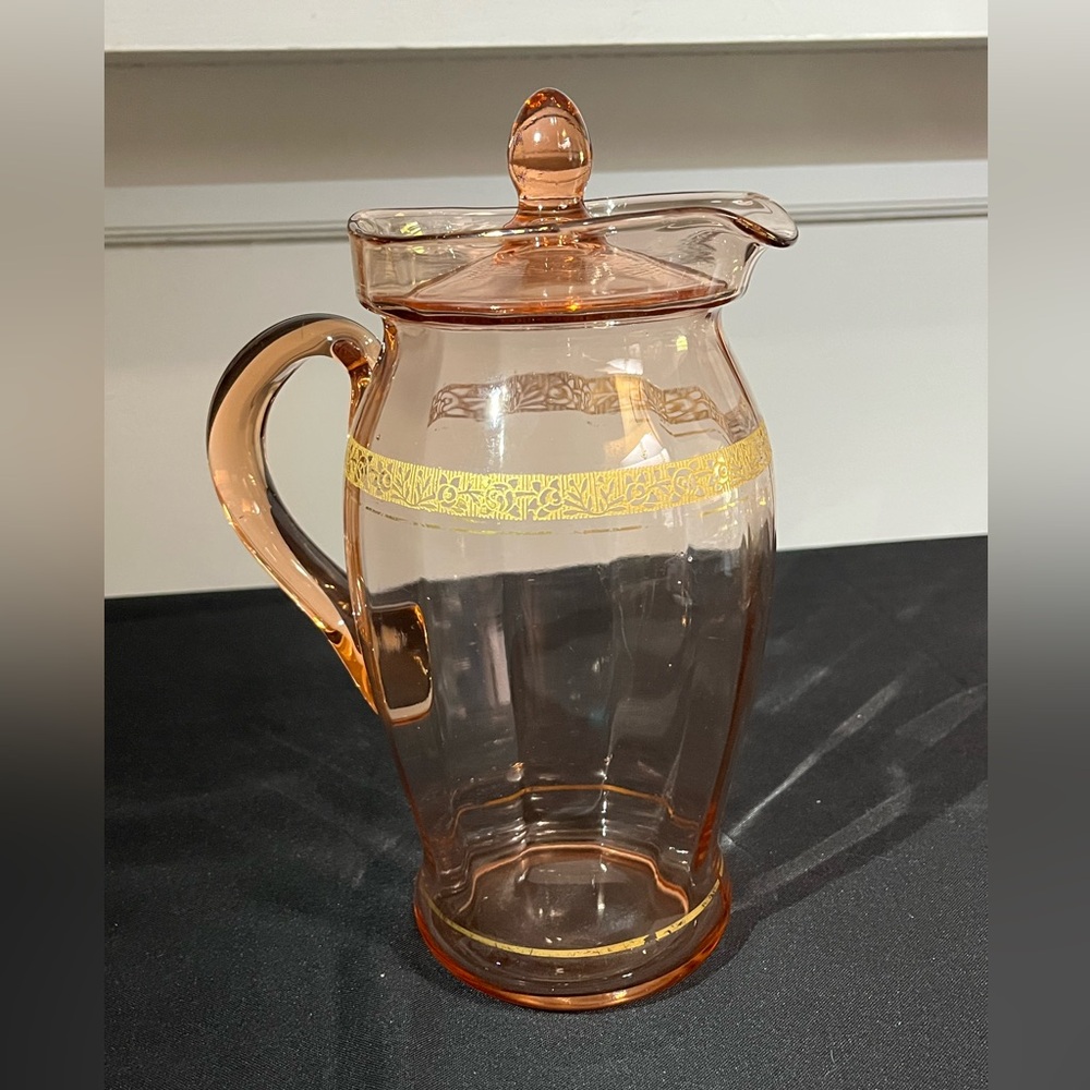Vintage Cambridge pink depression glass pitcher with lid gold gilt flowers
